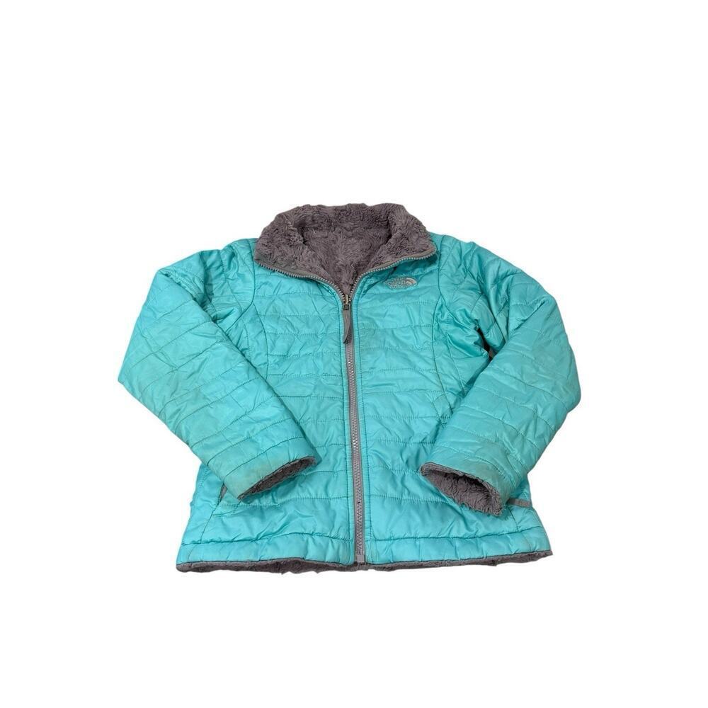 North Face Reversible Mossbud Swirl Jacket Girls Small 7/8 Gray Puffer‎ Fleece